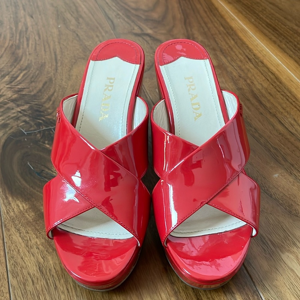 Prada Red Patent Leather Wedges Excellent Condition